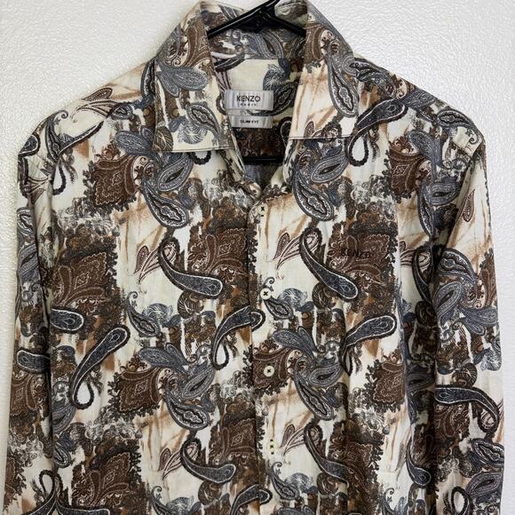 Kenzo Paris Slim Fit Dress Shirt Mens 39 15 Brown Paisley Long Sleeve Button Up - Picture 5 of 12